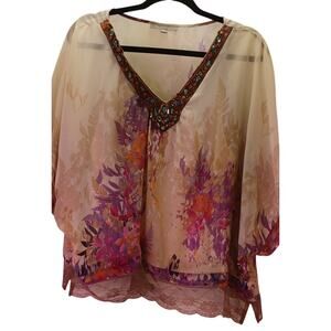 NY Collection Floral Blouse Embellished Beaded V-Neck Top Women's XL Fairy Boho